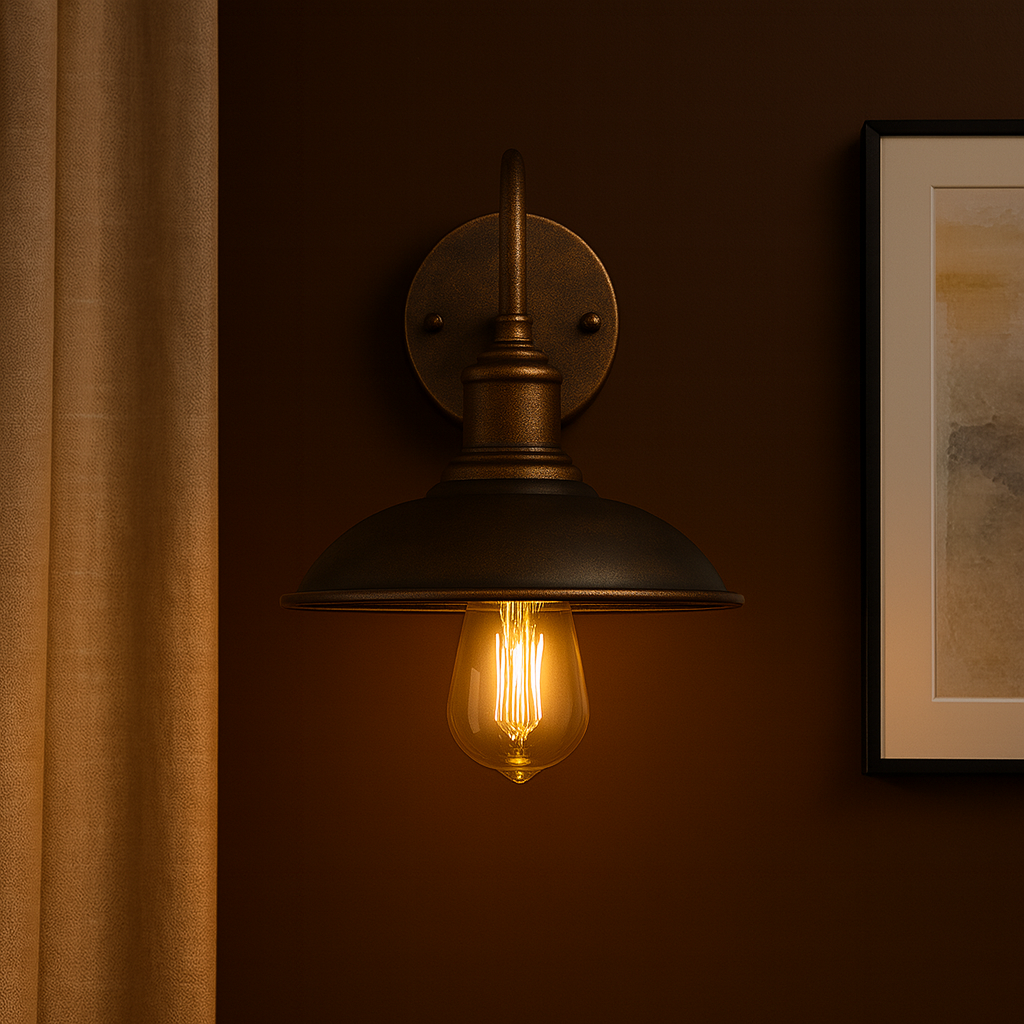 Industrial Wall Light | Bronze Vintage Sconce with Curved Arm and Metal Shade