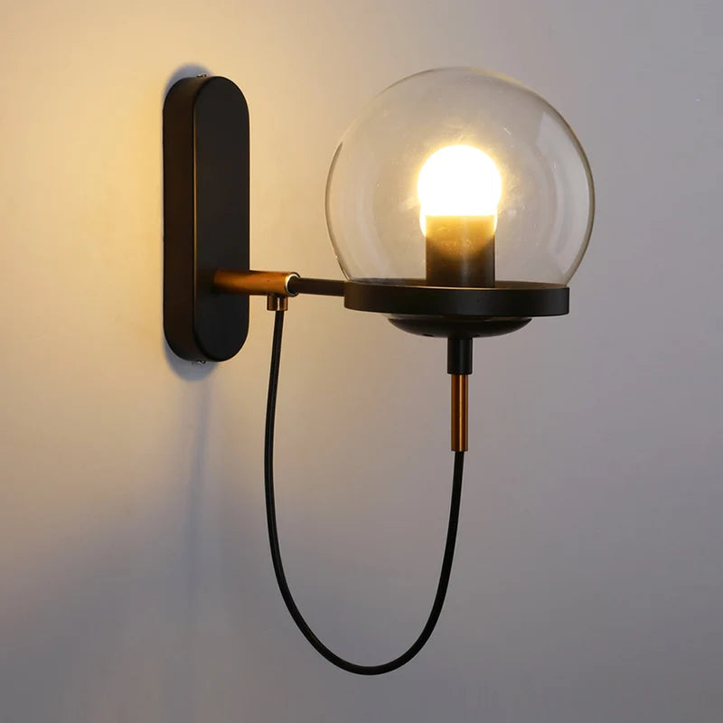 Antique Brass Wall Light | Globe Glass Shade Sconce with Exposed Wire and Metal Backplate