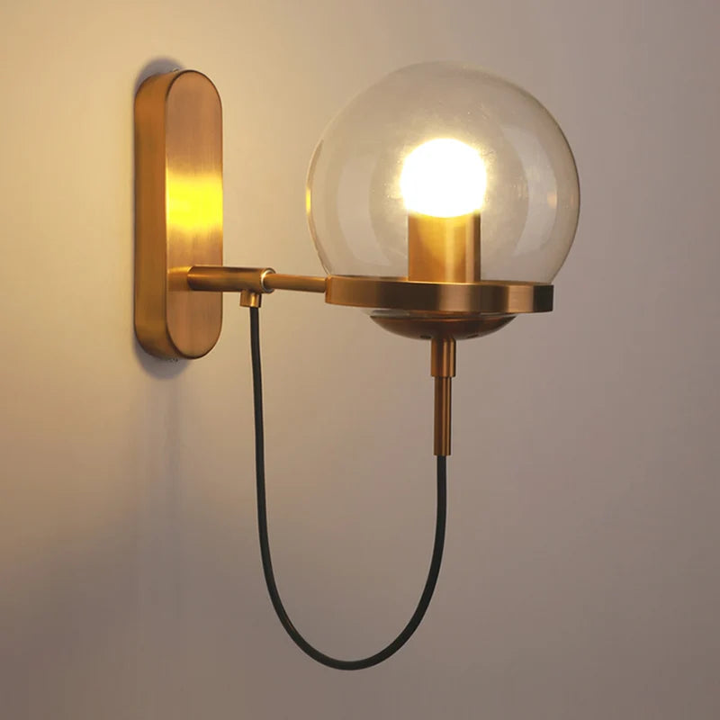 Antique Brass Wall Light | Globe Glass Shade Sconce with Exposed Wire and Metal Backplate