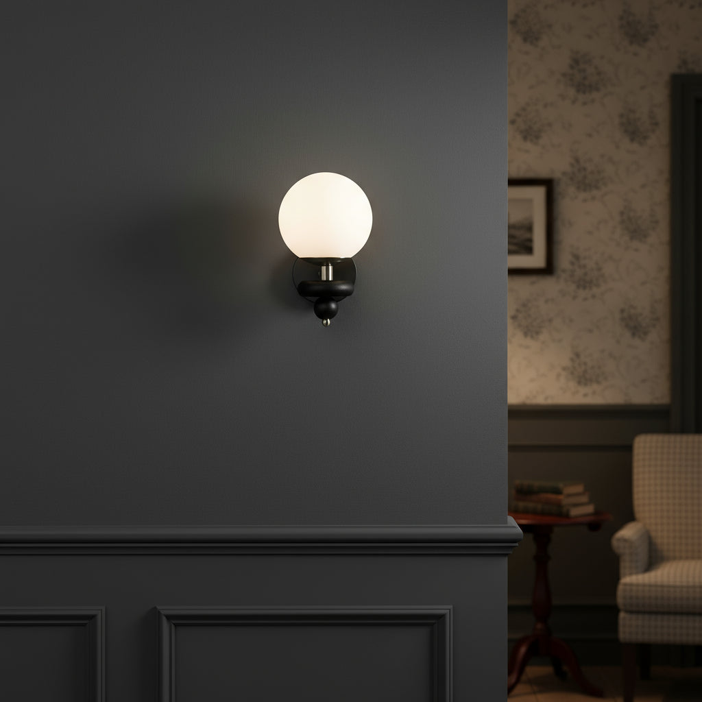 LED Wall Light | Modern Black Wood Sconce with Frosted Glass Globe Shade and Decorative Wooden Accent