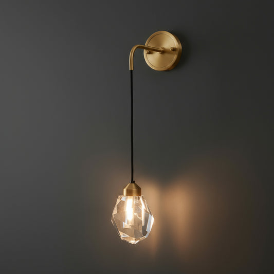 Antique Brass Wall Light | Hanging Faceted Crystal Shade with Brass Base