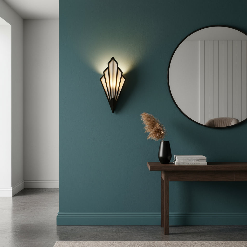 Art Deco Wall Light | Geometric Fan-Shaped Metal Frame with Fabric Shade