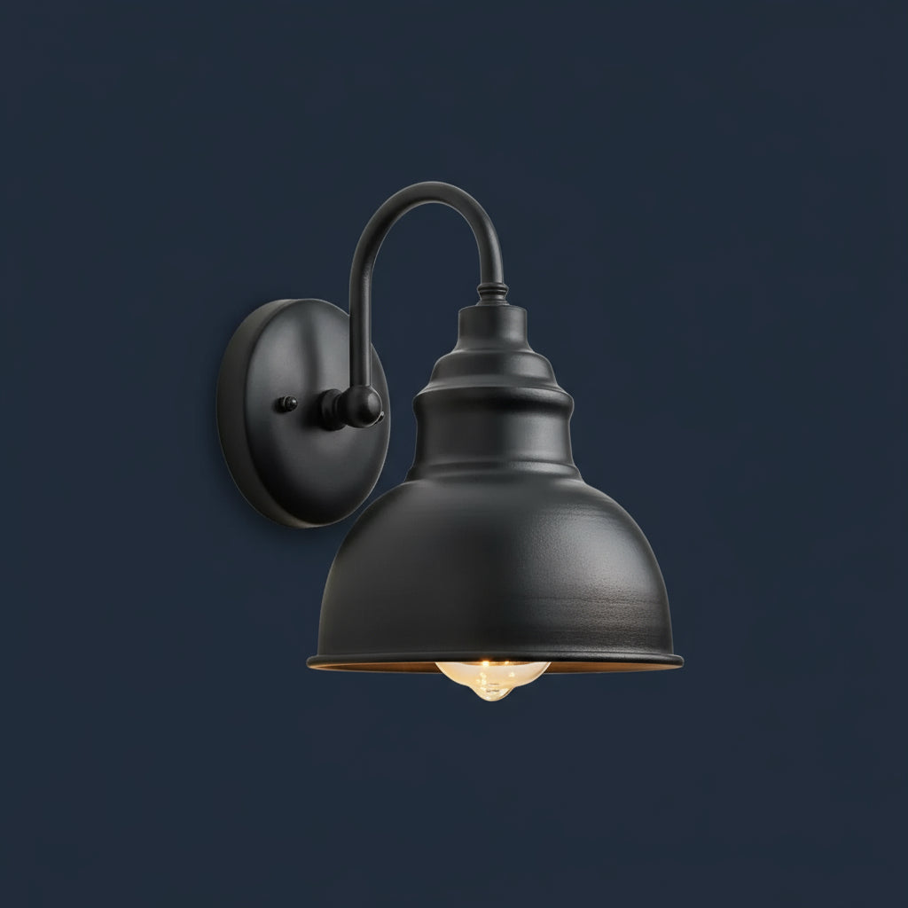 Industrial Wall Light | Vintage Black Barn Sconce with Curved Arm