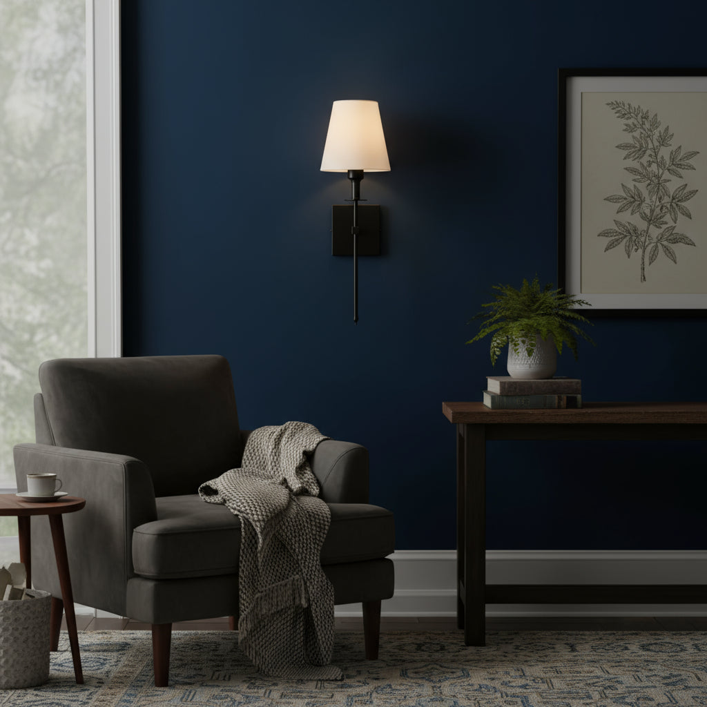 Brass Wall Light | Classic Long-Arm Sconce with Tapered Fabric Shade