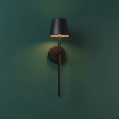 Rechargeable Wall Light | Black Metal Sconce with Tapered Shade and Touch Control on Top