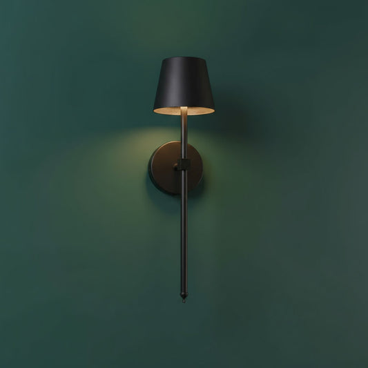 Rechargeable Wall Light | Black Metal Sconce with Tapered Shade and Touch Control on Top