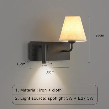 Contemporary Wall Light | Fabric Shade and Adjustable LED Reading Spotlight with USB
