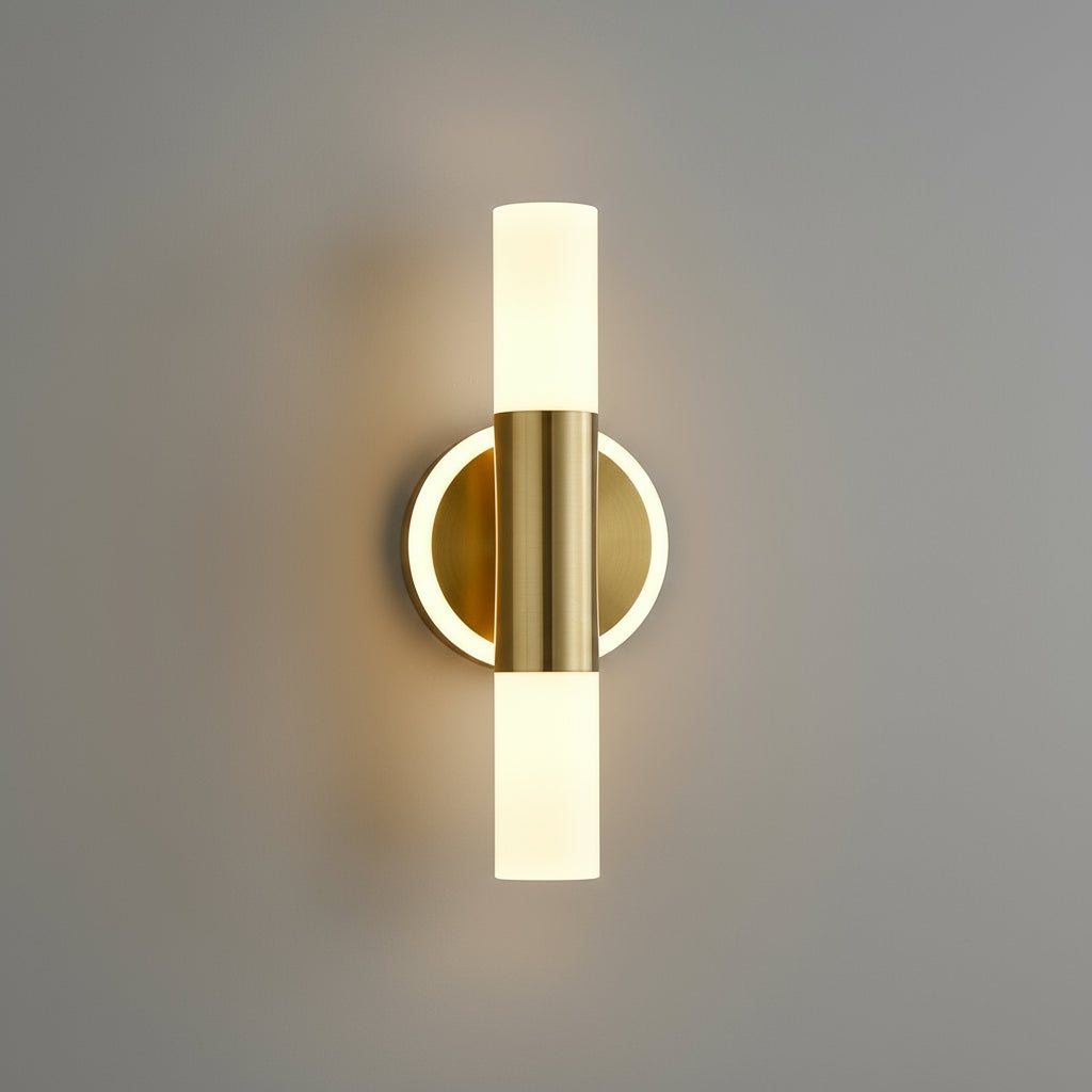 Art Deco Wall Light | Brass Cylinder LED Sconce with Double Frosted Shades