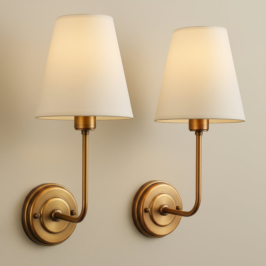 Antique Brass Wall Light | Linen Fabric Shade Sconce with Plated Metal Frame