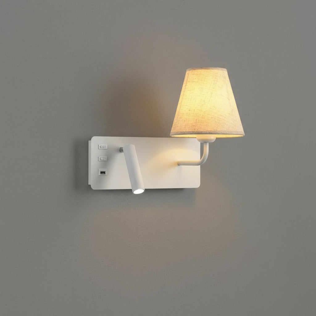 Contemporary Wall Light | Fabric Shade and Adjustable LED Reading Spotlight with USB