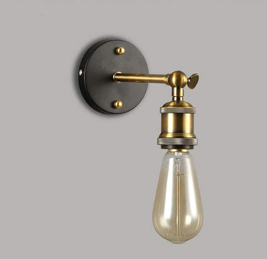 Antique Brass Wall Light | Adjustable Exposed Bulb Sconce with Black Round Wall Plate