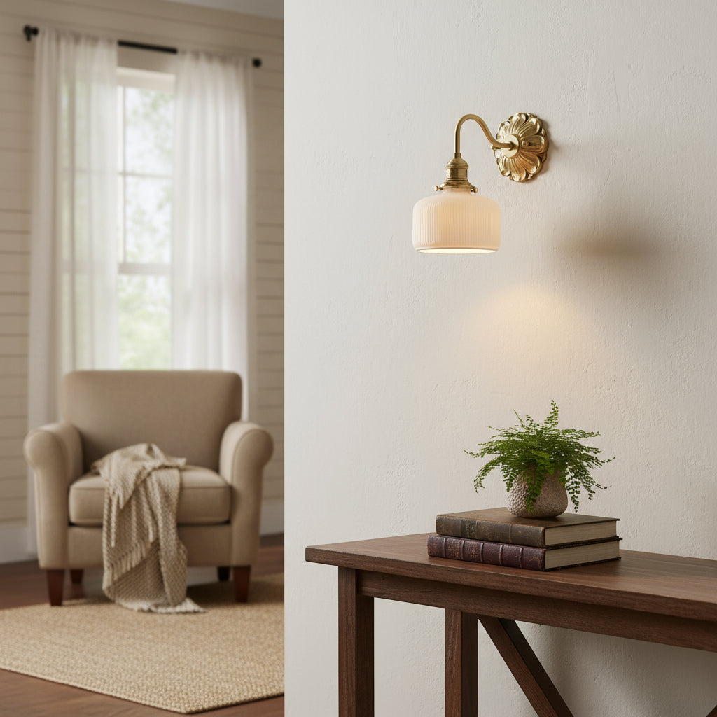 Antique Brass Wall Light | Carved Copper Base with Ribbed Ceramic Shade