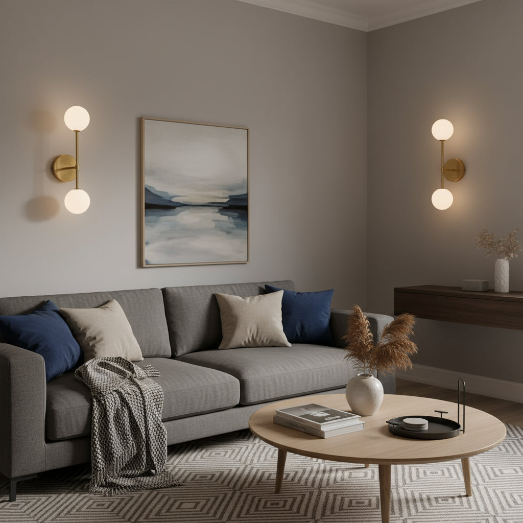 Antique Brass Wall Light | Vertical Double Globe Sconce with Frosted Glass Shades