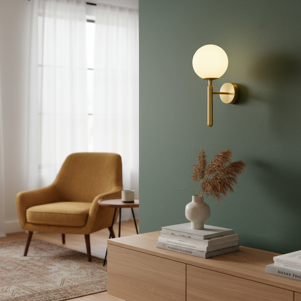 Modern Wall Light | Brass Wall Sconce with Frosted Globe Shade