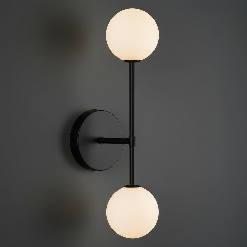 Antique Brass Wall Light | Vertical Double Globe Sconce with Frosted Glass Shades