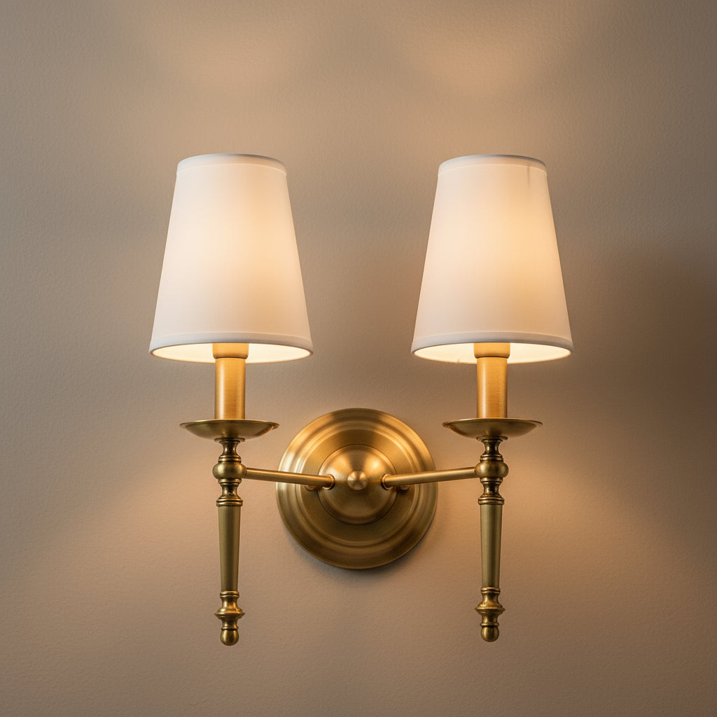 Antique Brass Wall Light | Polished Copper Body with White Fabric Shade