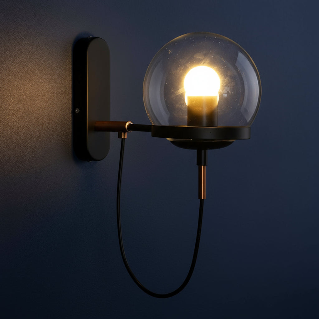 Antique Brass Wall Light | Globe Glass Shade Sconce with Exposed Wire and Metal Backplate