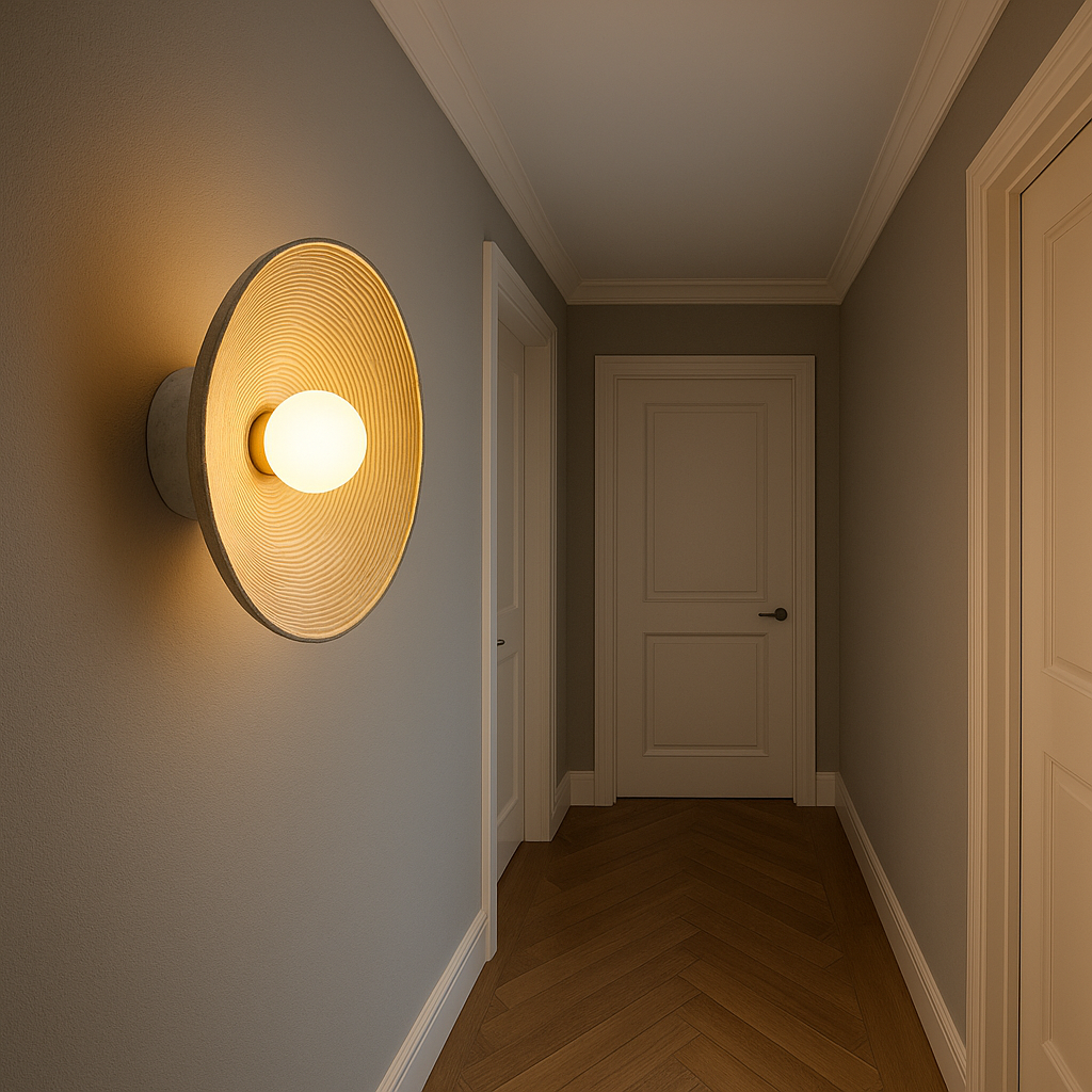 Modern Wall Light | Round Textured Resin Disc Sconce with Central Frosted Glass Globe