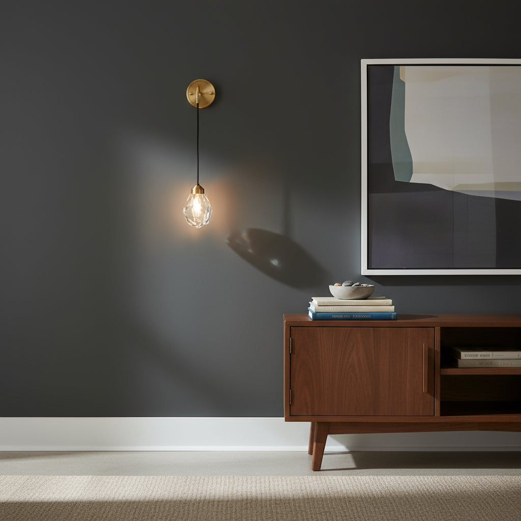 Antique Brass Wall Light | Hanging Faceted Crystal Shade with Brass Base