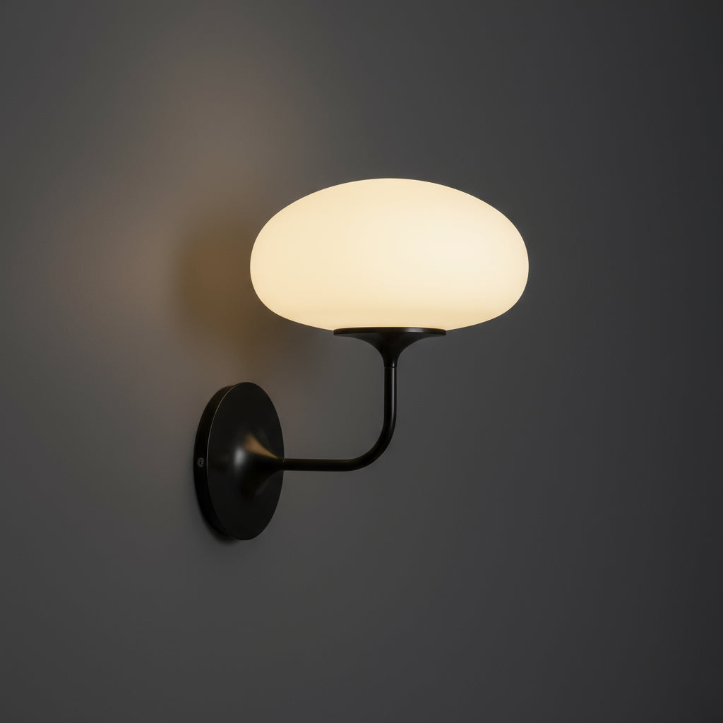 Contemporary Wall Light | Black Curved Arm Sconce with Frosted Dome Glass Shade