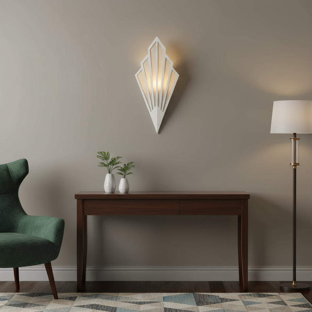Art Deco Wall Light | Geometric Fan-Shaped Metal Frame with Fabric Shade