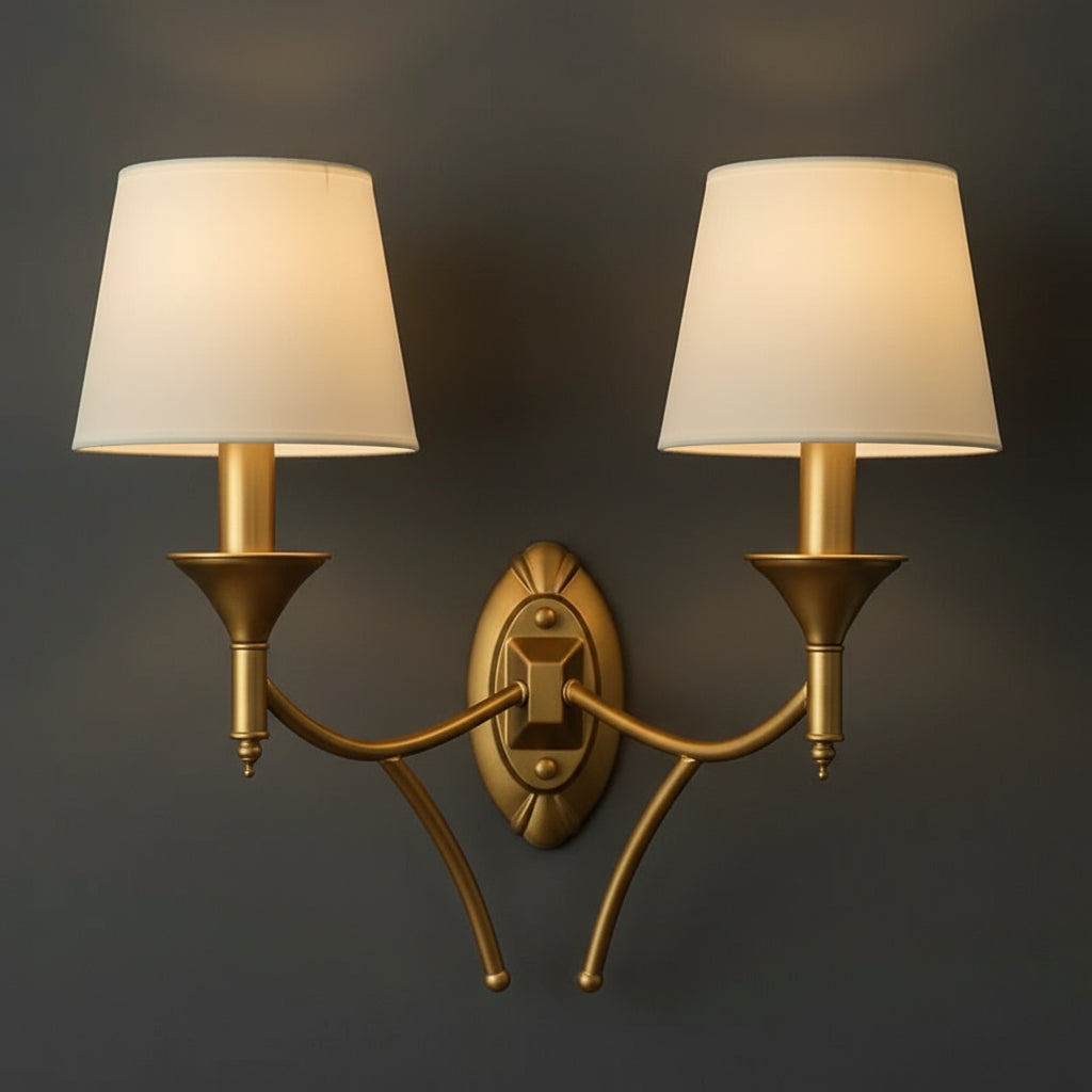 Rechargeable Wall Light | Double Arm Antique Brass Double Arm Sconce with White Fabric Shades