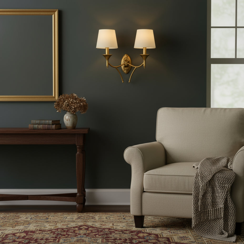 Rechargeable Wall Light | Double Arm Antique Brass Double Arm Sconce with White Fabric Shades