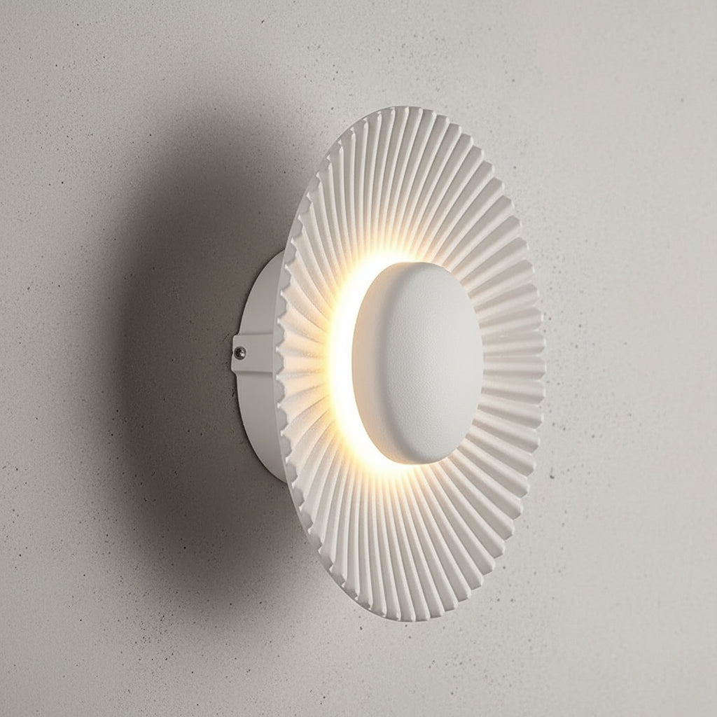 Art Deco LED Wall Light | Ribbed Aluminum Disc Sconce in White or Gold Finish