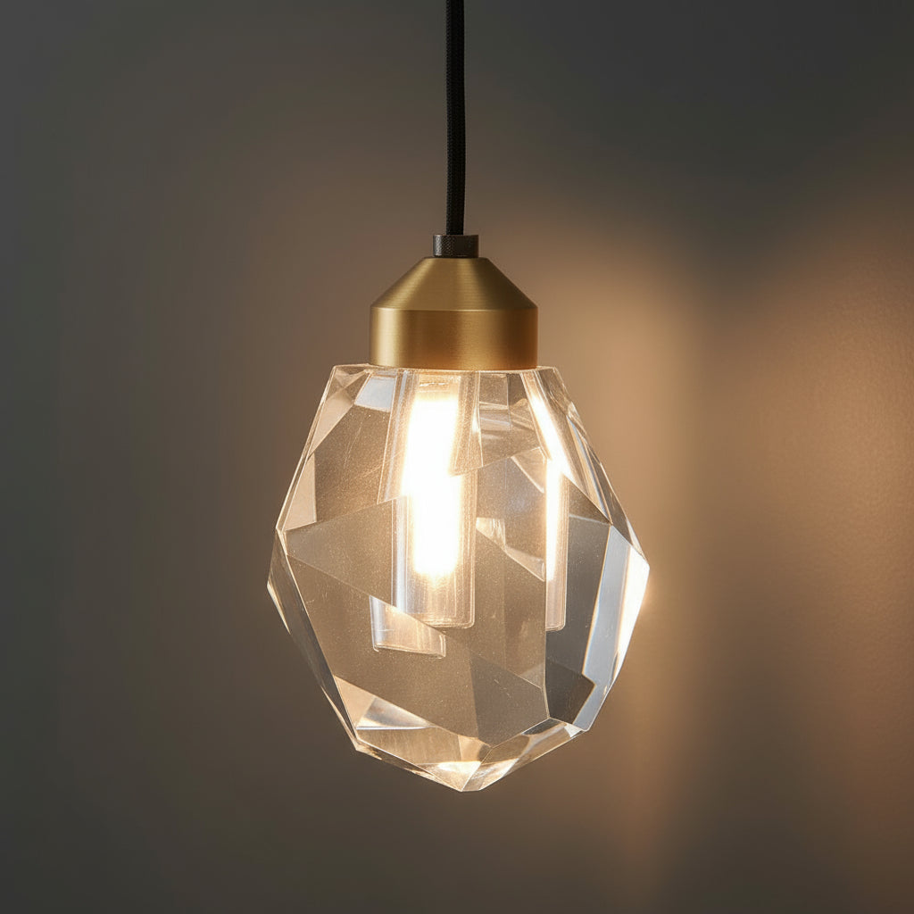 Antique Brass Wall Light | Hanging Faceted Crystal Shade with Brass Base