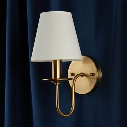 Antique Brass Wall Light | Curved Arm Sconce with White Tapered Fabric Shade