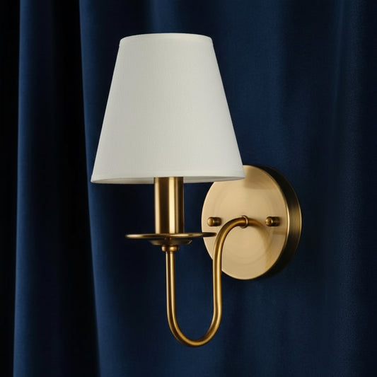 Antique Brass Wall Light | Curved Arm Sconce with White Tapered Fabric Shade