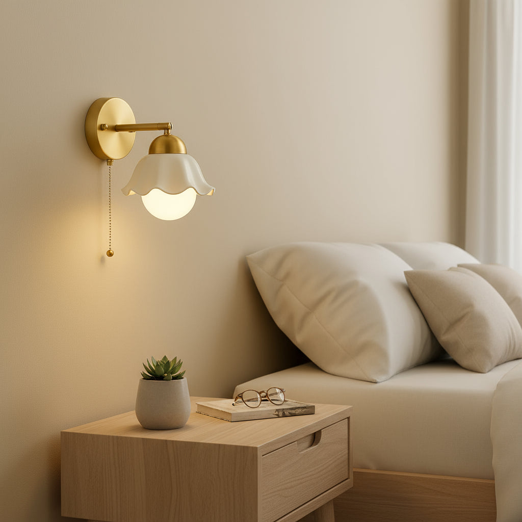 Contemporary Wall Light | Brass Base with Ceramic Shade and Pull Chain Switch