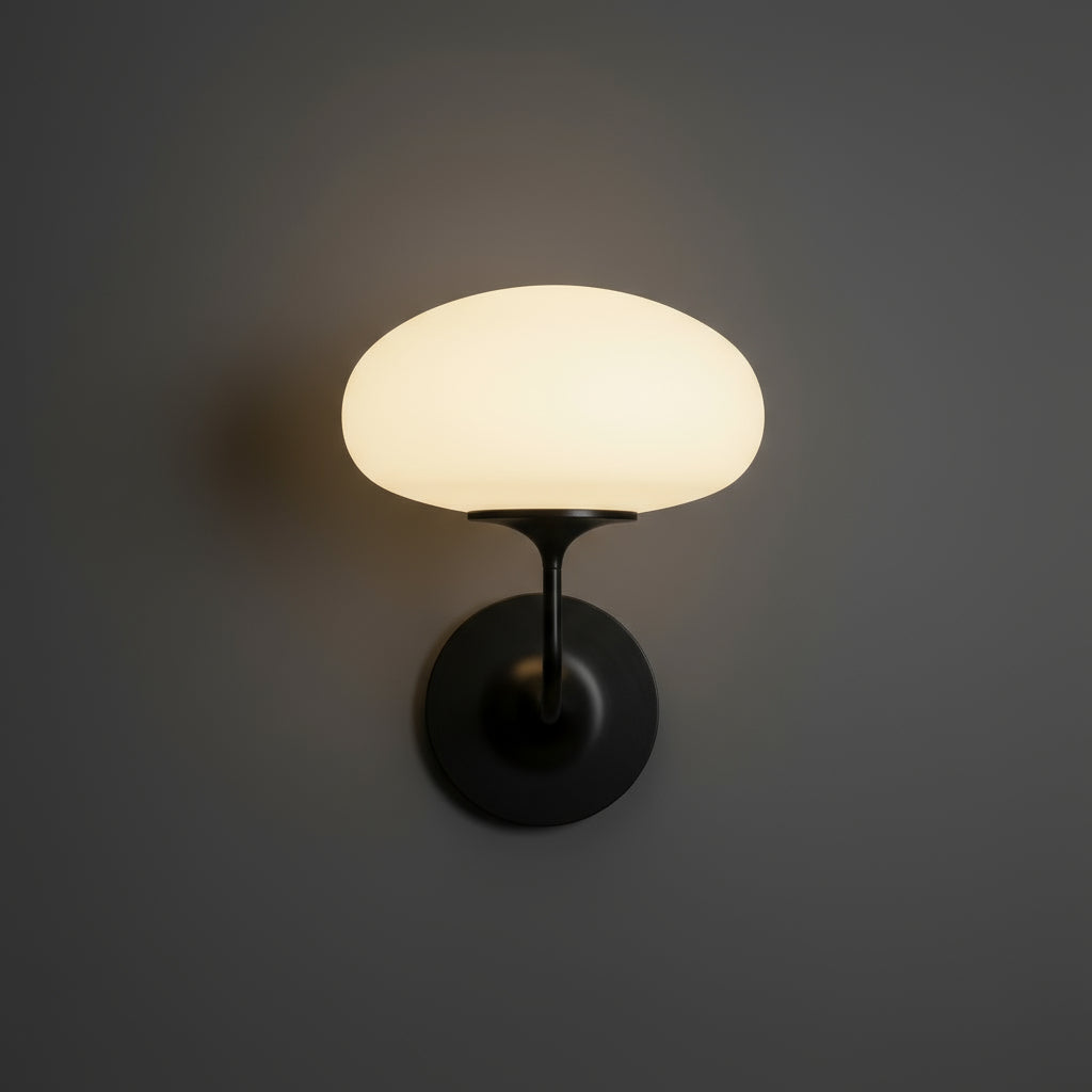 Contemporary Wall Light | Black Curved Arm Sconce with Frosted Dome Glass Shade