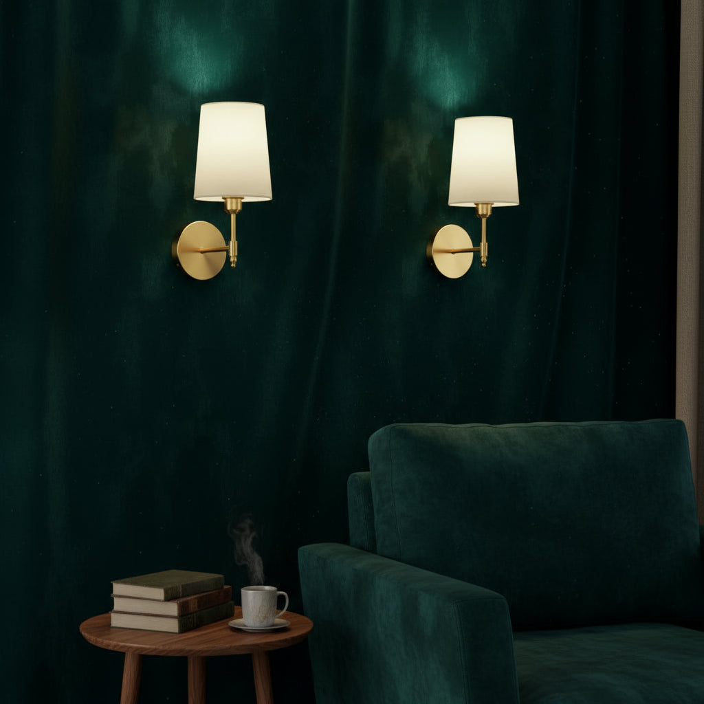 Rechargeable Wall Sconce | Bras Arm with White Fabric Shade