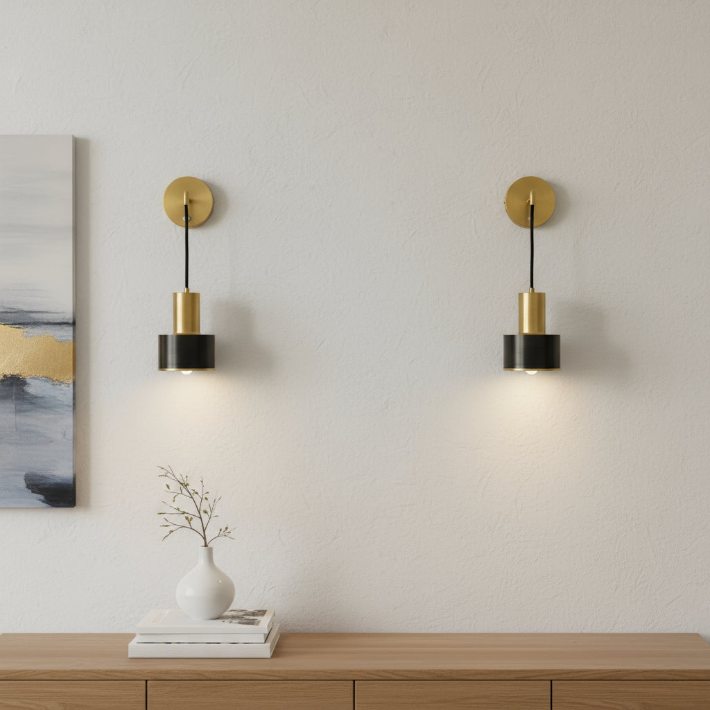 Brass Wall Light | Adjustable Brass & Black Cylinder Sconce with Wall Mount Plate
