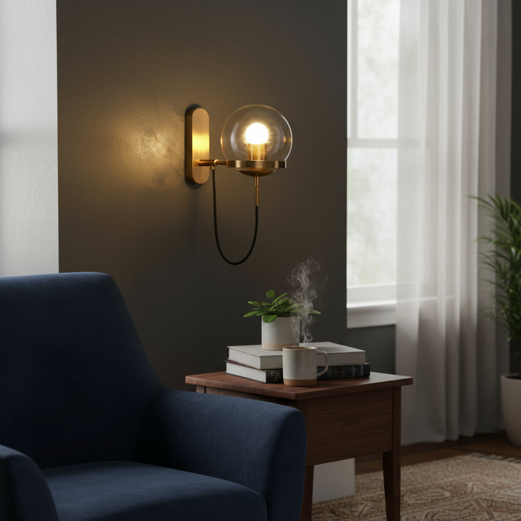 Antique Brass Wall Light | Globe Glass Shade Sconce with Exposed Wire and Metal Backplate