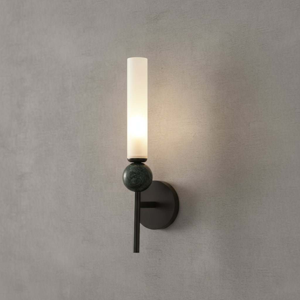 Art Deco Brass Wall Light | Slim Copper Body with Frosted Acrylic Shade and Black Sphere Detail