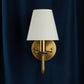 Antique Brass Wall Light | Curved Arm Sconce with White Tapered Fabric Shade