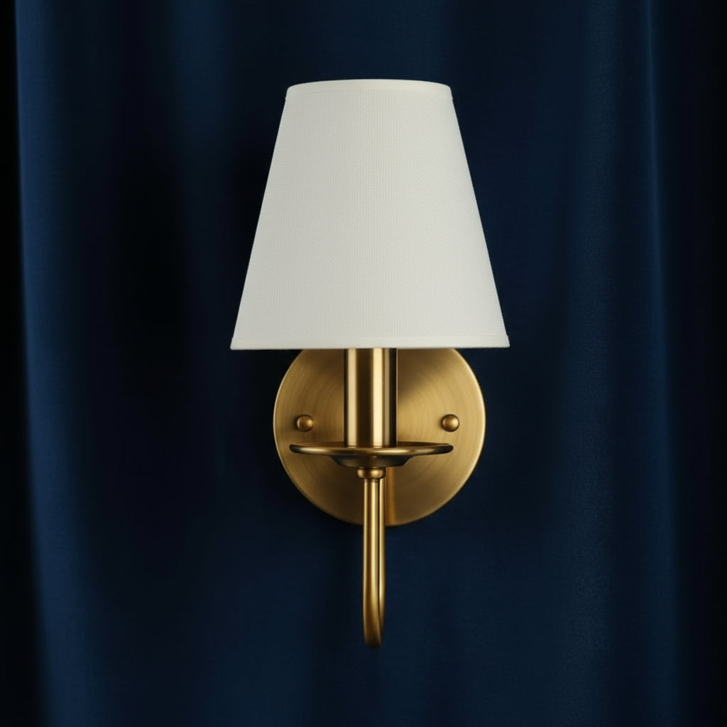 Antique Brass Wall Light | Curved Arm Sconce with White Tapered Fabric Shade