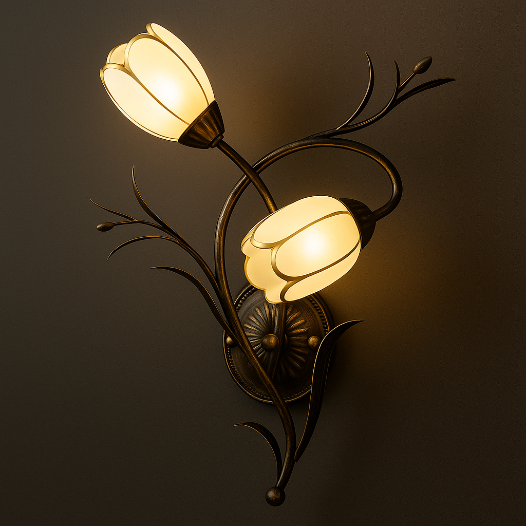 Antique Brass Wall Light | Two Flower-Shaped Glass Shades on Curved Branch Frame