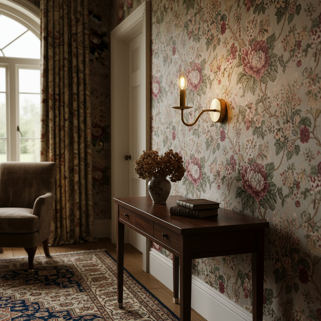 Antique Brass Wall Light | Single Arm Candle-Style Sconce with White Pleated Fabric Shade