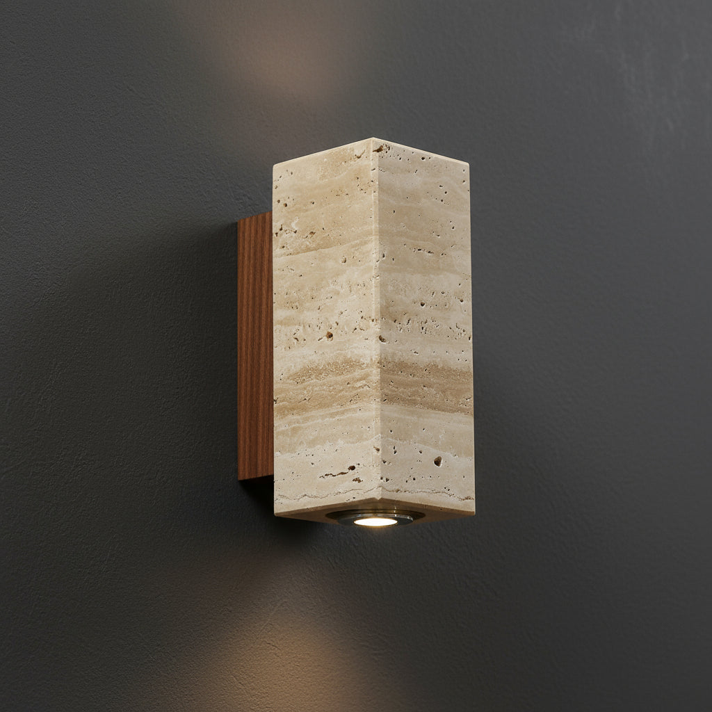 Contemporary Wall Light | Travertine Cylinder or Square Shade with Solid Wood Base