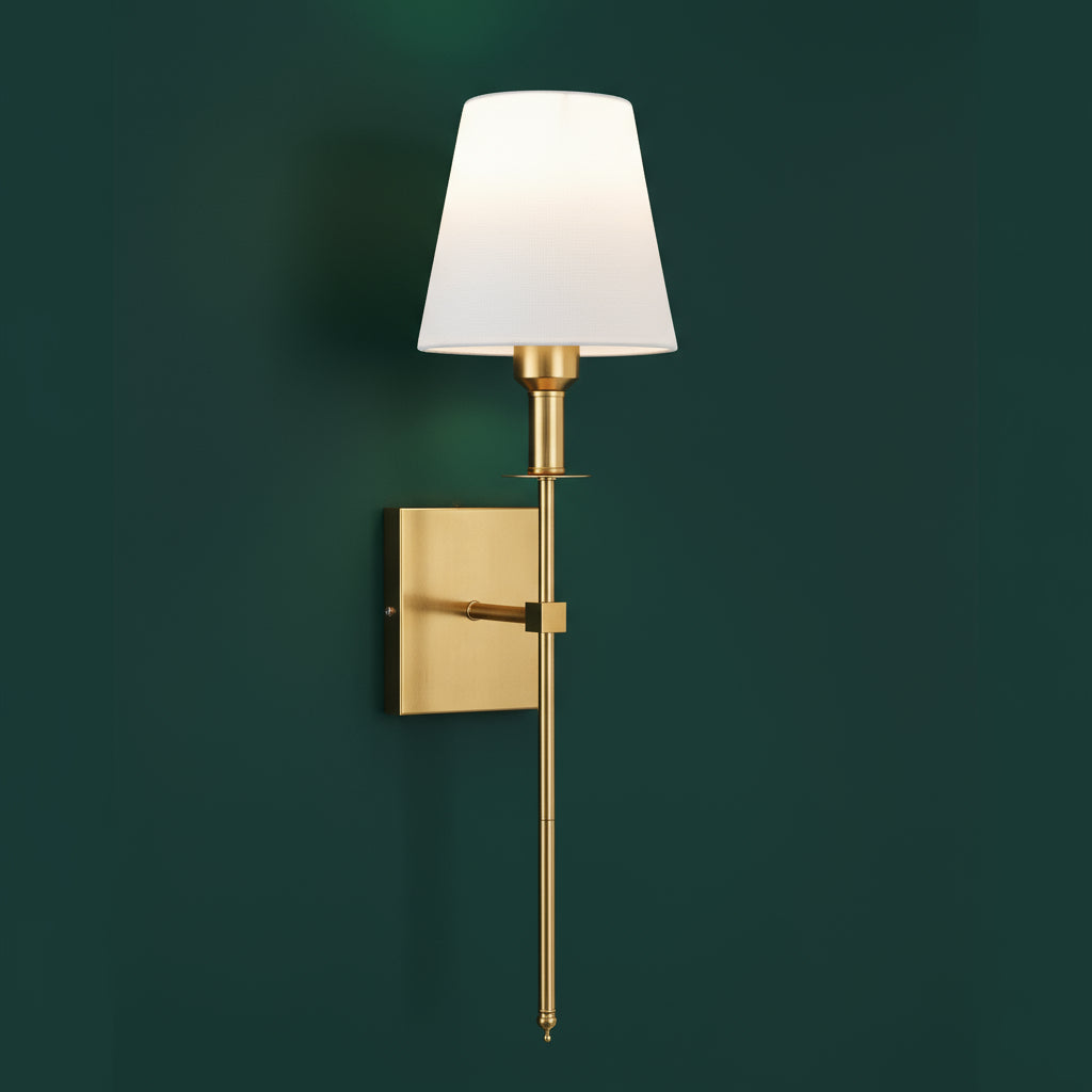 Brass Wall Light | Classic Long-Arm Sconce with Tapered Fabric Shade
