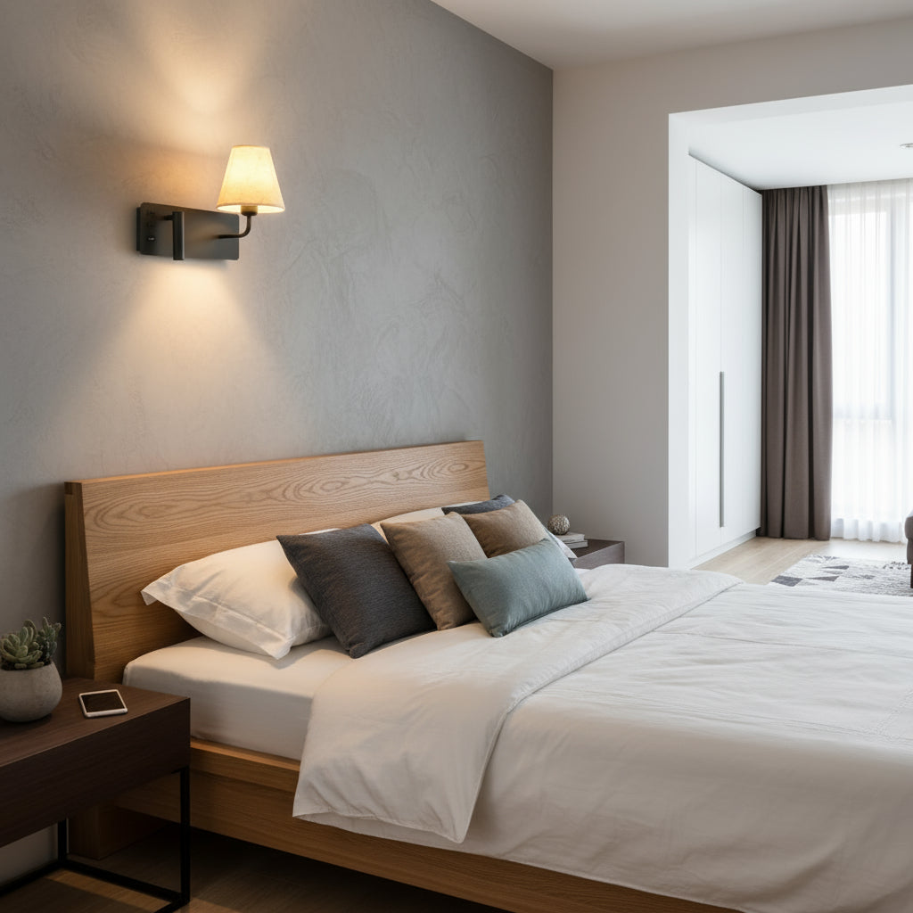 Contemporary Wall Light | Fabric Shade and Adjustable LED Reading Spotlight with USB