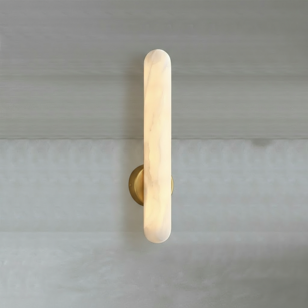 Art Deco Wall Light | Natural Marble Cylinder Sconce with Copper Base for Bedroom and Living Room