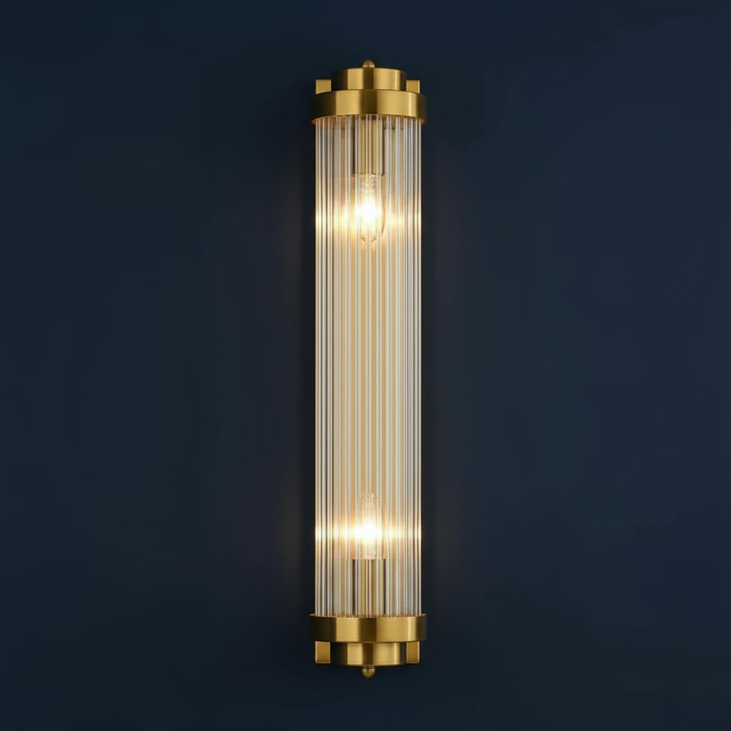 Art Deco Wall Light | Vertical Ribbed Crystal Tube Sconce with Double Bulbs