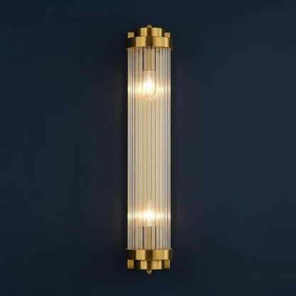 Art Deco Wall Light | Vertical Ribbed Crystal Tube Sconce with Double Bulbs