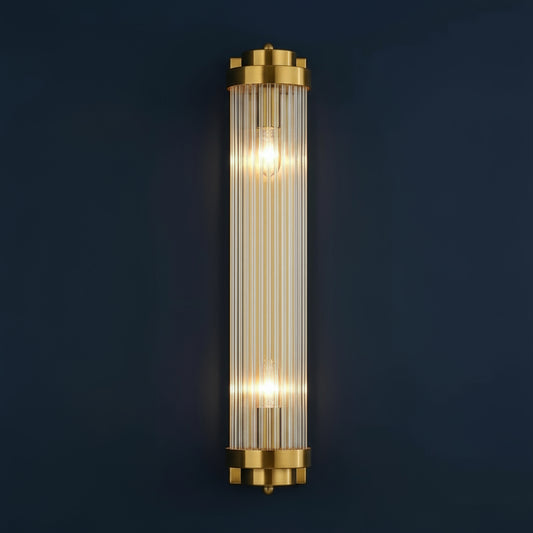 Art Deco Wall Light | Vertical Ribbed Crystal Tube Sconce with Double Bulbs