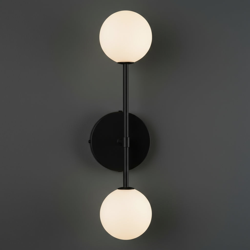 Antique Brass Wall Light | Vertical Double Globe Sconce with Frosted Glass Shades