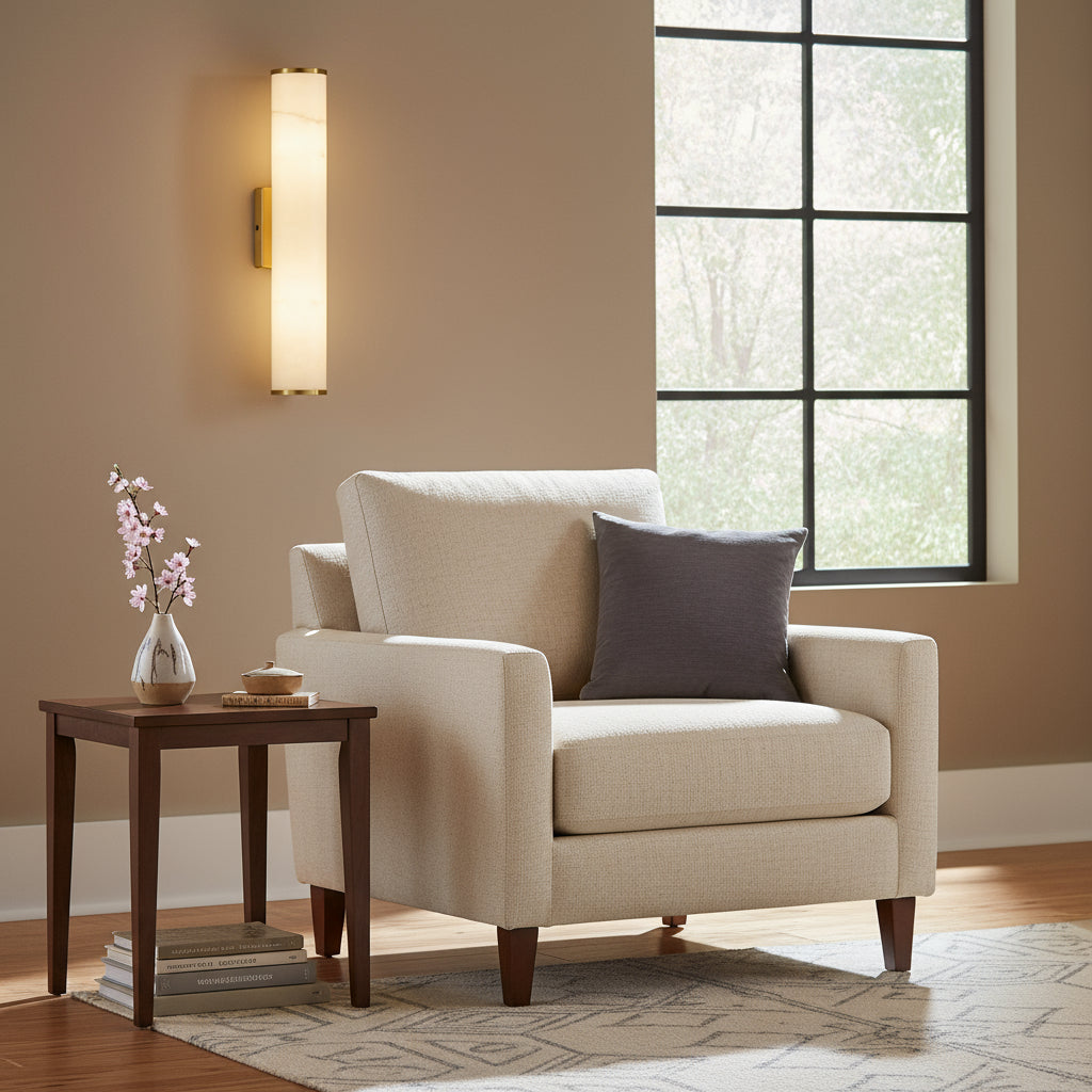 Art Deco Wall Light | Slim Cylindrical Natural Stone Sconce with Brass Finish